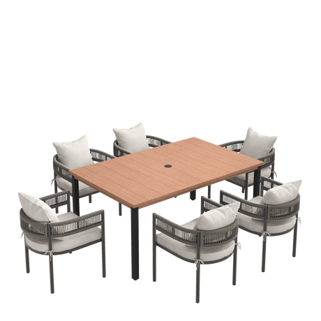 VICLLAX 7-Piece Weather-Resistant Outside Dining Furniture - 63" Rectangular Slat-Top Table with 6 Aria Low-back Outdoor Dining Armchair