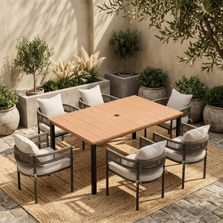 VICLLAX 7-Piece Weather-Resistant Outside Dining Furniture - 63" Rectangular Slat-Top Table with 6 Aria Low-back Outdoor Dining Armchair