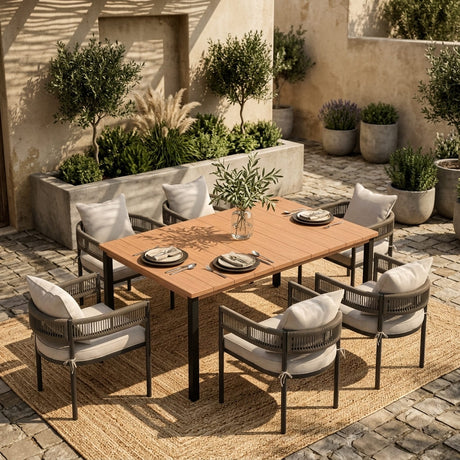 VICLLAX 7-Piece Weather-Resistant Outside Dining Furniture - 63" Rectangular Slat-Top Table with 6 Aria Low-back Outdoor Dining Armchair