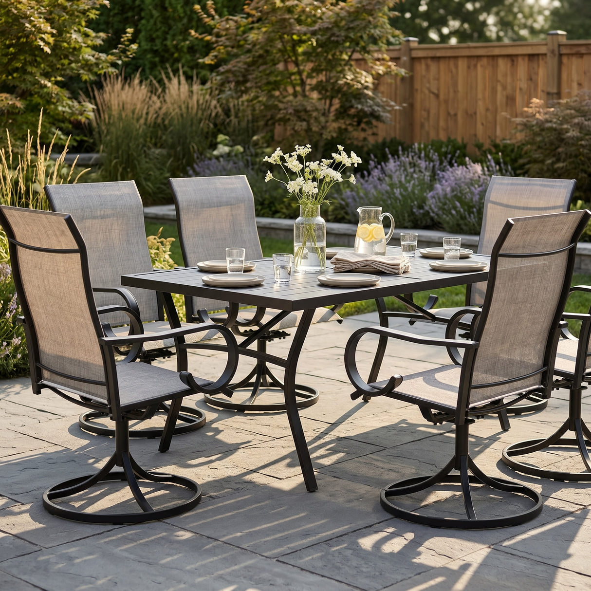 Vicllax Outdoor Dining Table Set for 6 People, Rectangular Table & Swivel Chair Set of 6