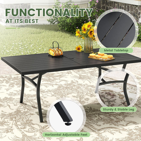 Vicllax Juego de comedor de exterior de 7 piezas con mesa rectangular de metal y sillas giratorias de textileno