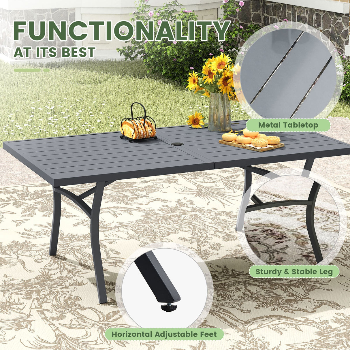 Vicllax 7 Pieces Outdoor Dining Set with Metal Rectangular Table and Padded Swivel Chair