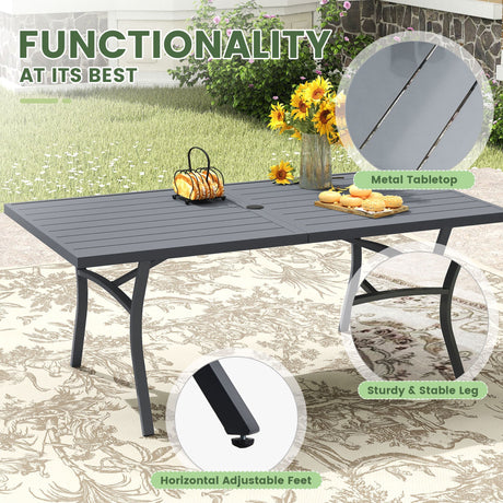 Vicllax Juego de comedor de exterior de 7 piezas con mesa rectangular de metal y sillas giratorias de textileno