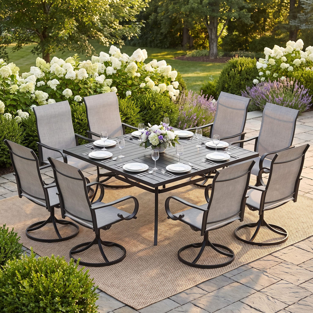 Vicllax 9-Piece Modern Patio Dining Set with 59.8 inch Square Table with Umbrella Hole and Swivel Rocking Sling Chairs