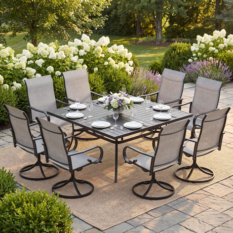 Vicllax 9-Piece Modern Patio Dining Set with 59.8 inch Square Table with Umbrella Hole and Swivel Rocking Sling Chairs
