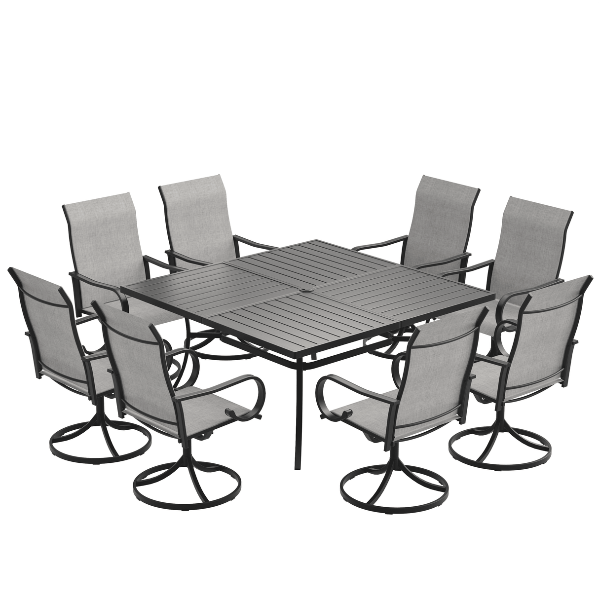 Vicllax 9-Piece Modern Patio Dining Set with 59.8 inch Square Table with Umbrella Hole and Swivel Rocking Sling Chairs