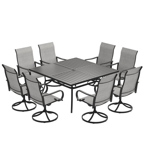 Vicllax 9-Piece Modern Patio Dining Set with 59.8 inch Square Table with Umbrella Hole and Swivel Rocking Sling Chairs