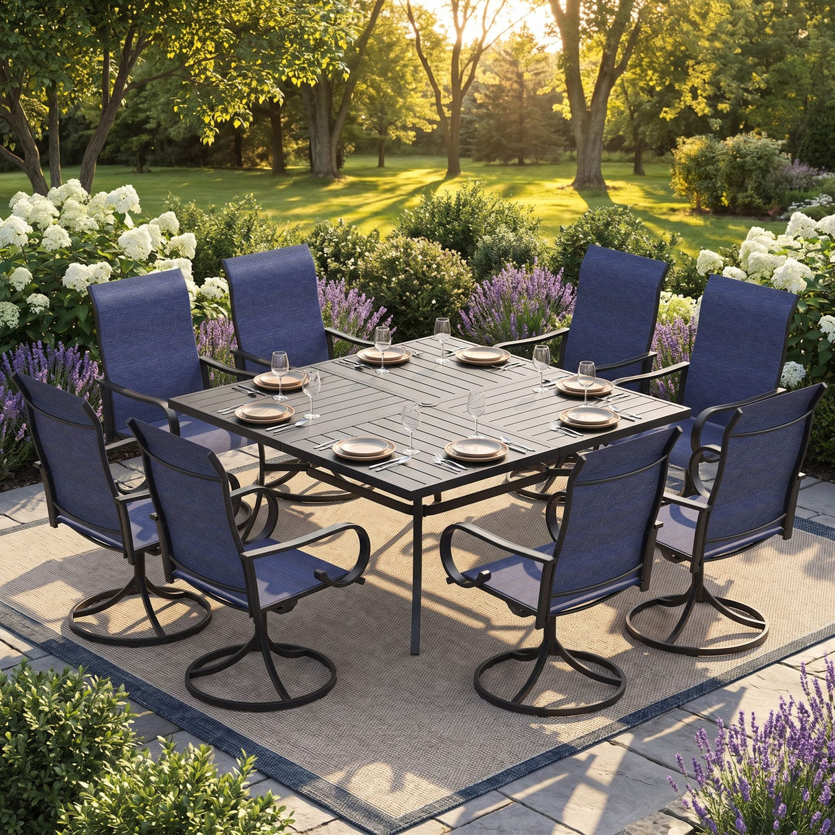 Vicllax 9-Piece Modern Patio Dining Set with 59.8 inch Square Table with Umbrella Hole and Swivel Rocking Sling Chairs