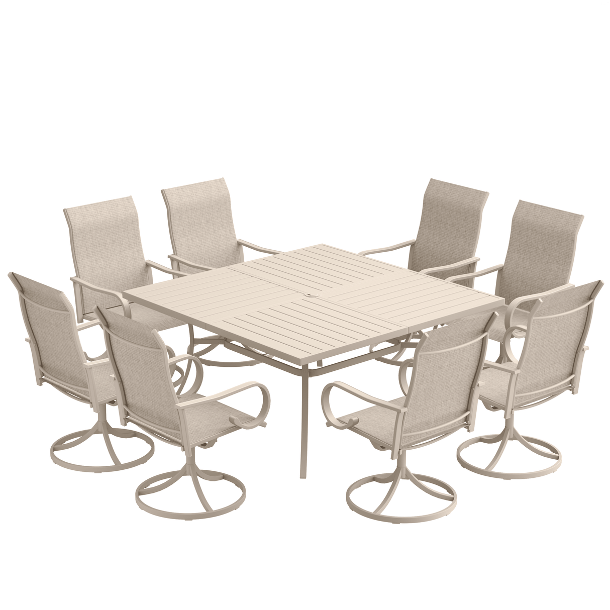 Vicllax 9-Piece Modern Patio Dining Set with 59.8 inch Square Table with Umbrella Hole and Swivel Rocking Sling Chairs