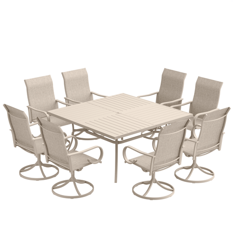Vicllax 9-Piece Modern Patio Dining Set with 59.8 inch Square Table with Umbrella Hole and Swivel Rocking Sling Chairs