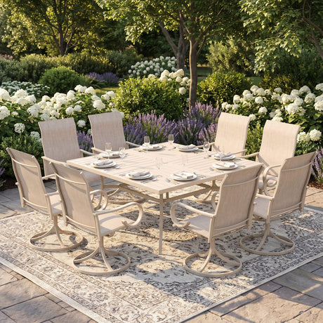 Vicllax 9-Piece Modern Patio Dining Set with 59.8 inch Square Table with Umbrella Hole and Swivel Rocking Sling Chairs
