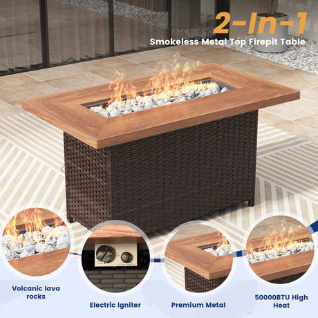 Vicllax Patio Furniture Set, Wicker Outdoor Conversation Set with Cushioned Sofa Chairs Fire Pit Table and Ottomans