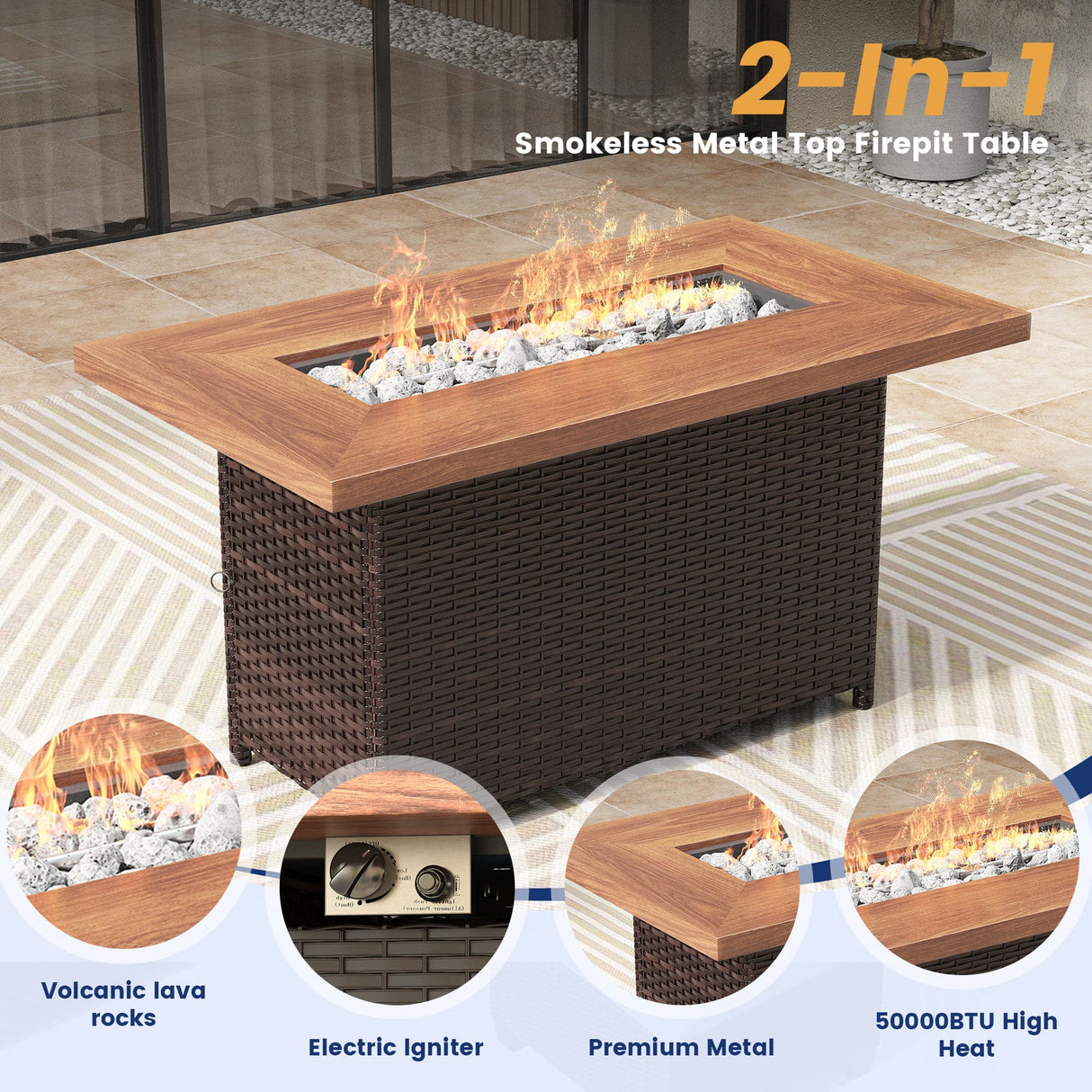 Vicllax Patio Furniture Set, Wicker Outdoor Conversation Set with Cushioned Sofa Chairs Fire Pit Table and Ottomans