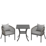 Vicllax 3-Piece Outdoor Wicker Patio Dining Set - 27.6-Inch Square Table with Umbrella Hole and Aria Modern Woven Rope Armchair