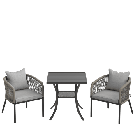 Vicllax 3-Piece Outdoor Wicker Patio Dining Set - 27.6-Inch Square Table with Umbrella Hole and Aria Modern Woven Rope Armchair
