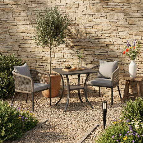 Vicllax 3-Piece Outdoor Wicker Patio Dining Set - 27.6-Inch Square Table with Umbrella Hole and Aria Modern Woven Rope Armchair