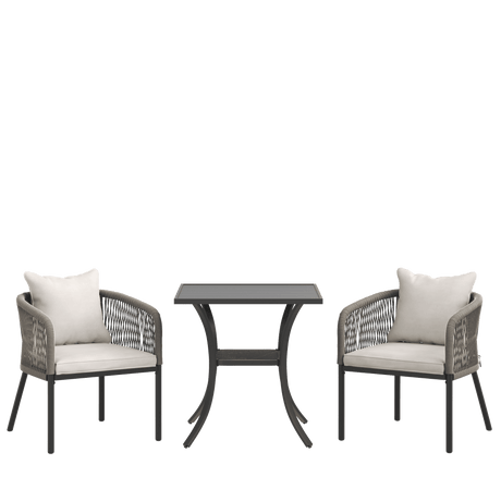Vicllax 3-Piece Outdoor Wicker Patio Dining Set - 27.6-Inch Square Table with Umbrella Hole and Aria Modern Woven Rope Armchair