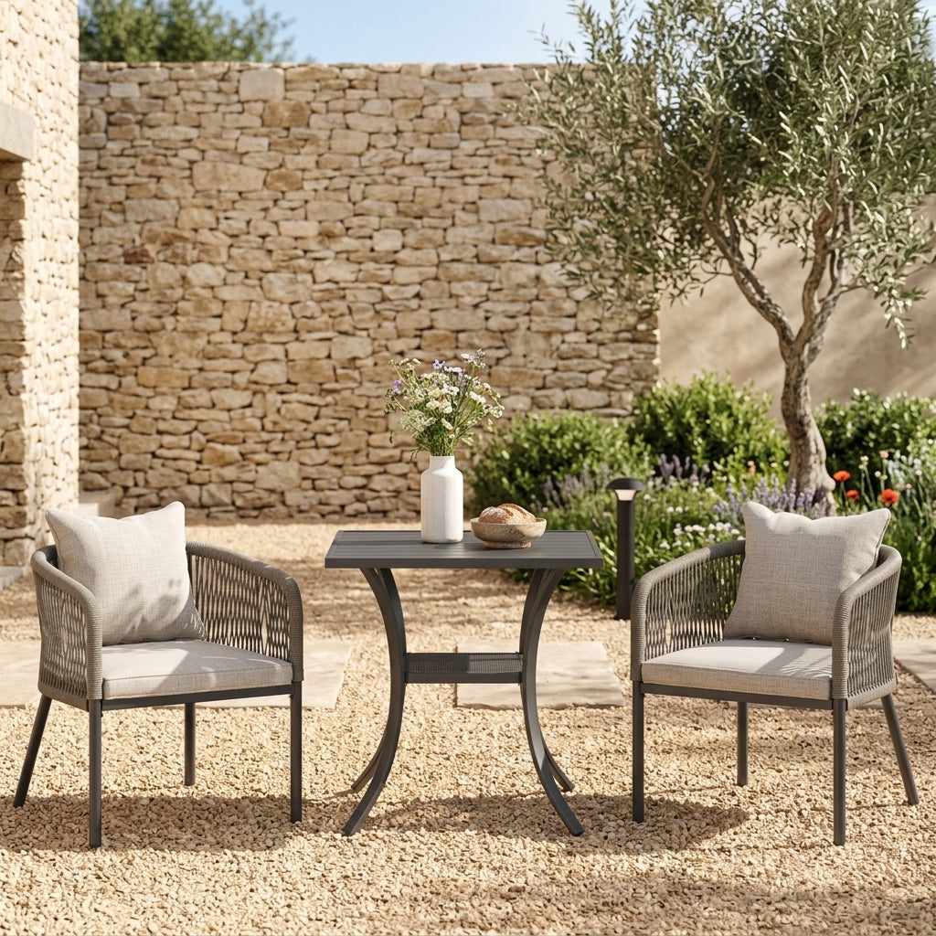 Vicllax 3-Piece Outdoor Wicker Patio Dining Set - 27.6-Inch Square Table with Umbrella Hole and Aria Modern Woven Rope Armchair
