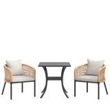 Vicllax 3-Piece Outdoor Wicker Patio Dining Set - 27.6-Inch Square Table with Umbrella Hole and Aria Modern Woven Rope Armchair