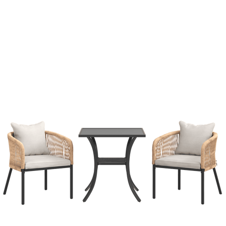 Vicllax 3-Piece Outdoor Wicker Patio Dining Set - 27.6-Inch Square Table with Umbrella Hole and Aria Modern Woven Rope Armchair