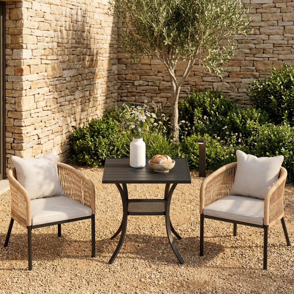 Vicllax 3-Piece Outdoor Wicker Patio Dining Set - 27.6-Inch Square Table with Umbrella Hole and Aria Modern Woven Rope Armchair