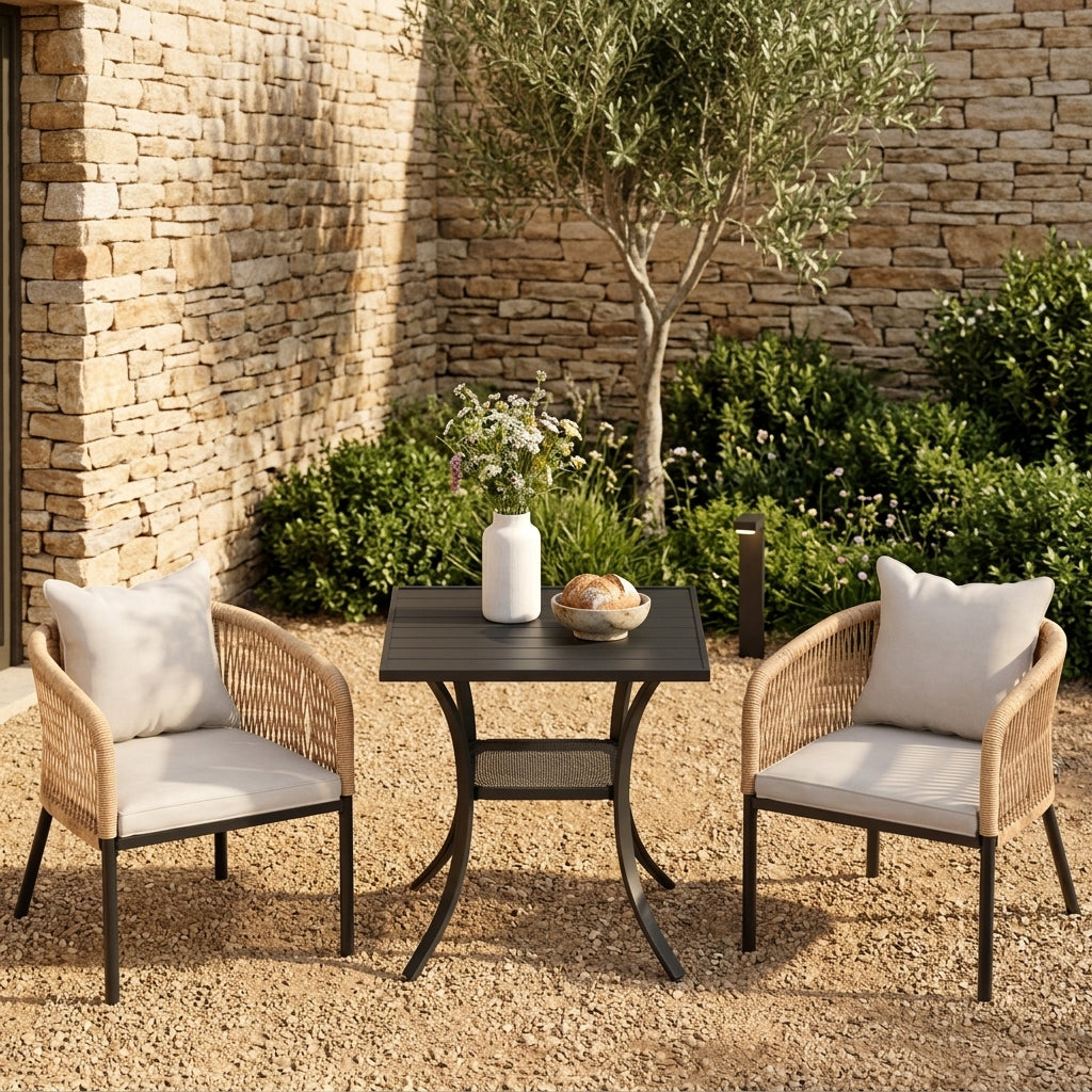 Vicllax 3-Piece Outdoor Wicker Patio Dining Set - 27.6-Inch Square Table with Umbrella Hole and Aria Modern Woven Rope Armchair