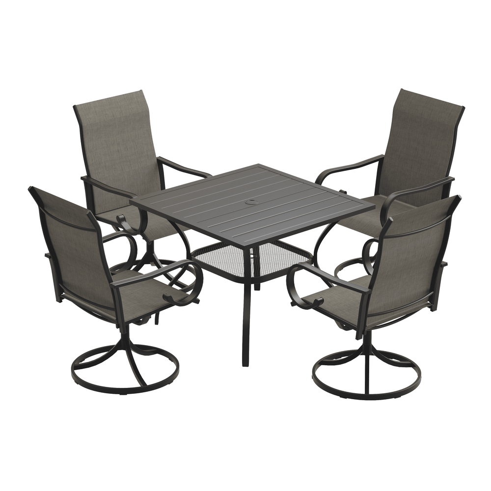 VICLLAX 5-Piece Modern Patio Dining Set, Square Table with Umbrella Hole and High-back Swivel Rocking Sling Chairs