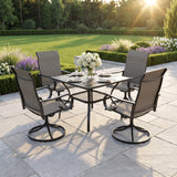 VICLLAX 5-Piece Modern Patio Dining Set, Square Table with Umbrella Hole and High-back Swivel Rocking Sling Chairs