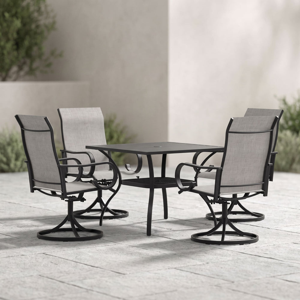 VICLLAX 5-Piece Modern Patio Dining Set, Square Table with Umbrella Hole and High-back Swivel Rocking Sling Chairs