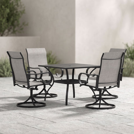 VICLLAX 5-Piece Modern Patio Dining Set, Square Table with Umbrella Hole and High-back Swivel Rocking Sling Chairs