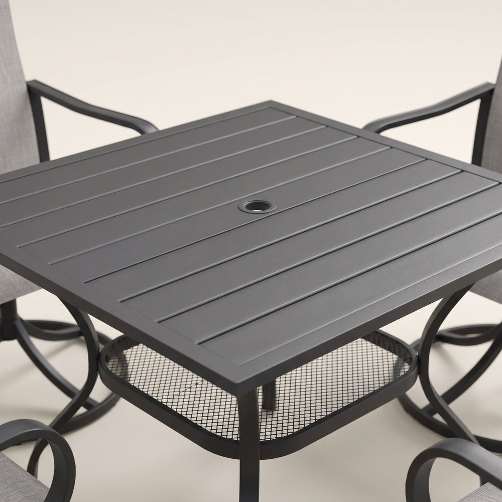 VICLLAX 5-Piece Modern Patio Dining Set, Square Table with Umbrella Hole and High-back Swivel Rocking Sling Chairs