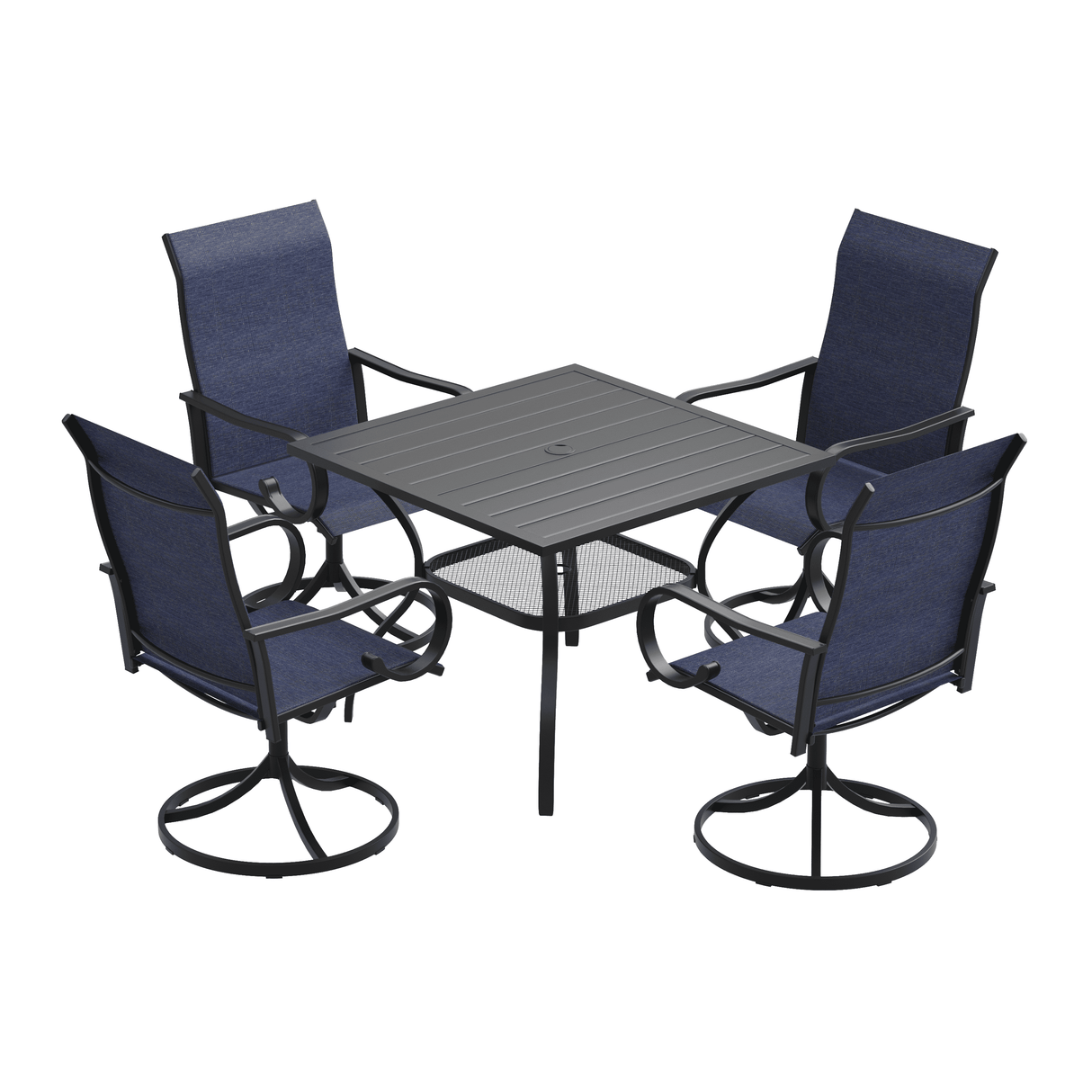 VICLLAX 5-Piece Modern Patio Dining Set, Square Table with Umbrella Hole and High-back Swivel Rocking Sling Chairs