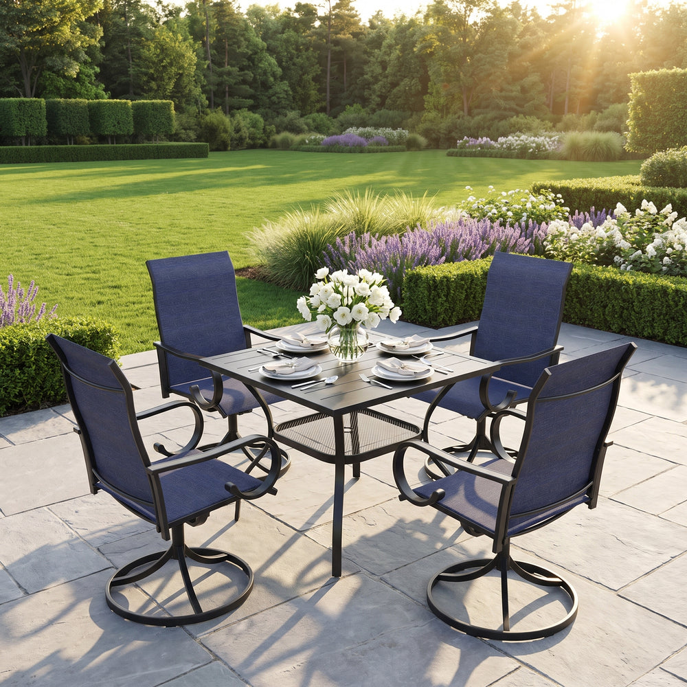 VICLLAX 5-Piece Modern Patio Dining Set, Square Table with Umbrella Hole and High-back Swivel Rocking Sling Chairs