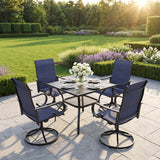 VICLLAX 5-Piece Modern Patio Dining Set, Square Table with Umbrella Hole and High-back Swivel Rocking Sling Chairs