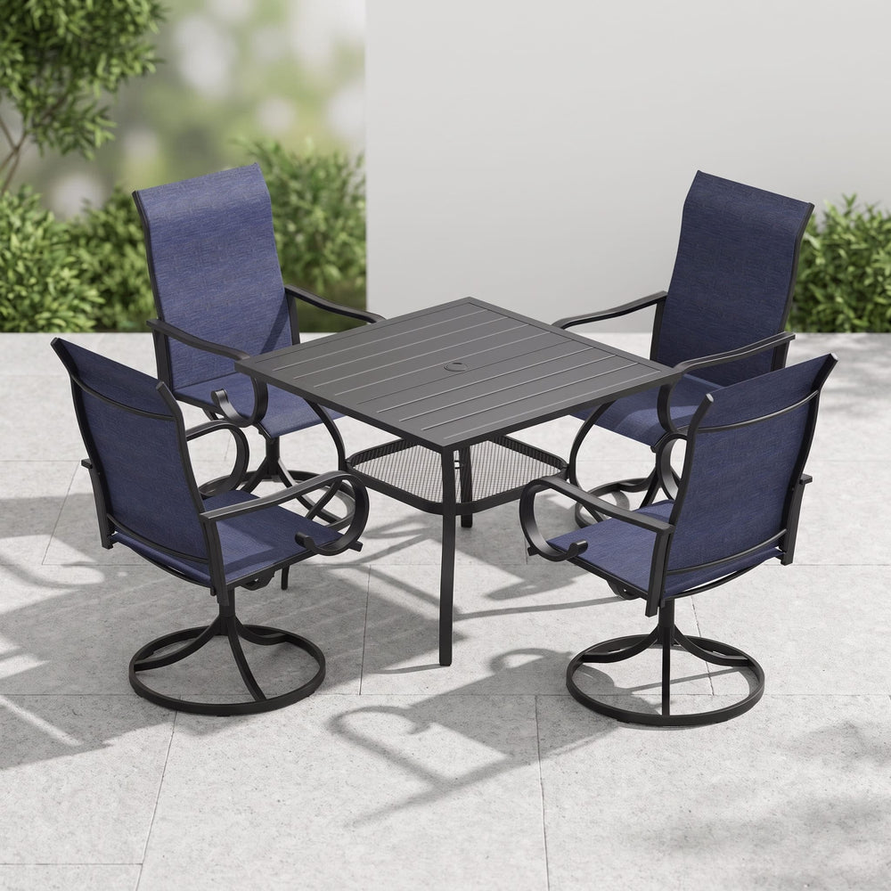 VICLLAX 5-Piece Modern Patio Dining Set, Square Table with Umbrella Hole and High-back Swivel Rocking Sling Chairs