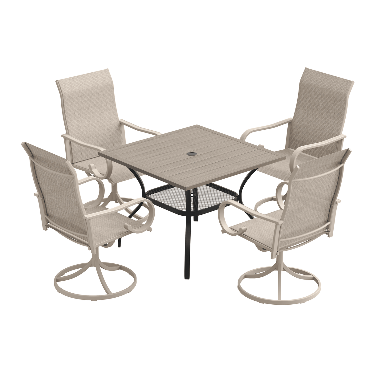 VICLLAX 5-Piece Modern Patio Dining Set, Square Table with Umbrella Hole and High-back Swivel Rocking Sling Chairs