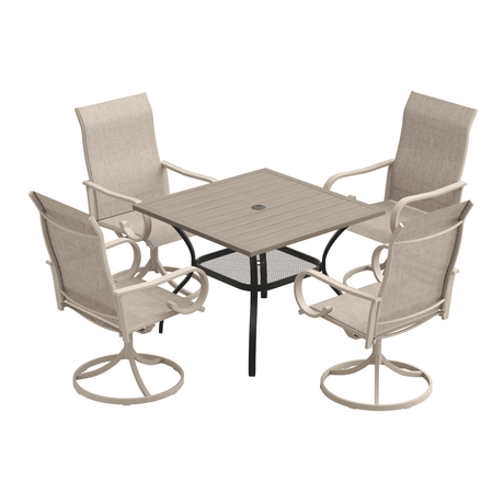 VICLLAX 5-Piece Modern Patio Dining Set, Square Table with Umbrella Hole and High-back Swivel Rocking Sling Chairs