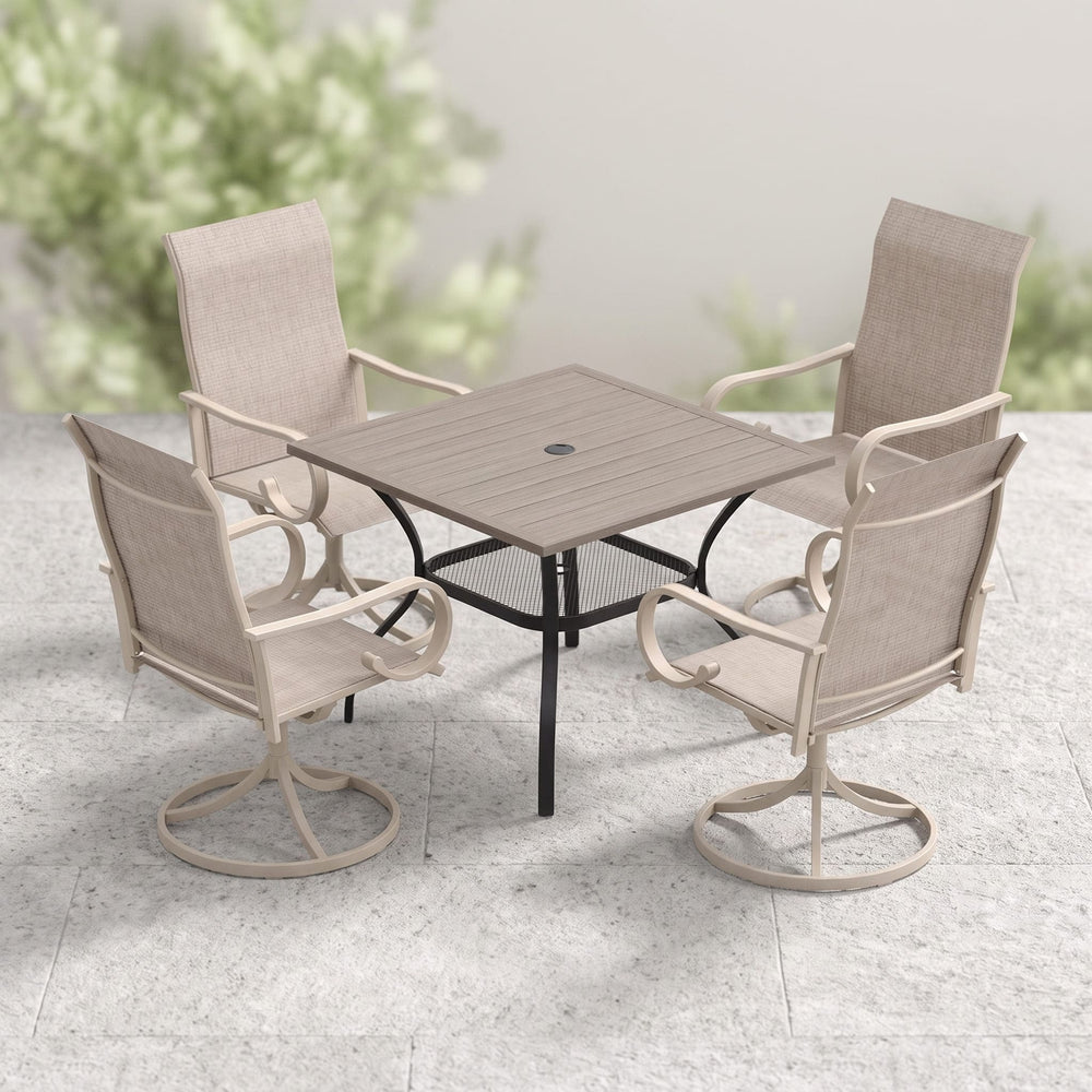 VICLLAX 5-Piece Modern Patio Dining Set, Square Table with Umbrella Hole and High-back Swivel Rocking Sling Chairs