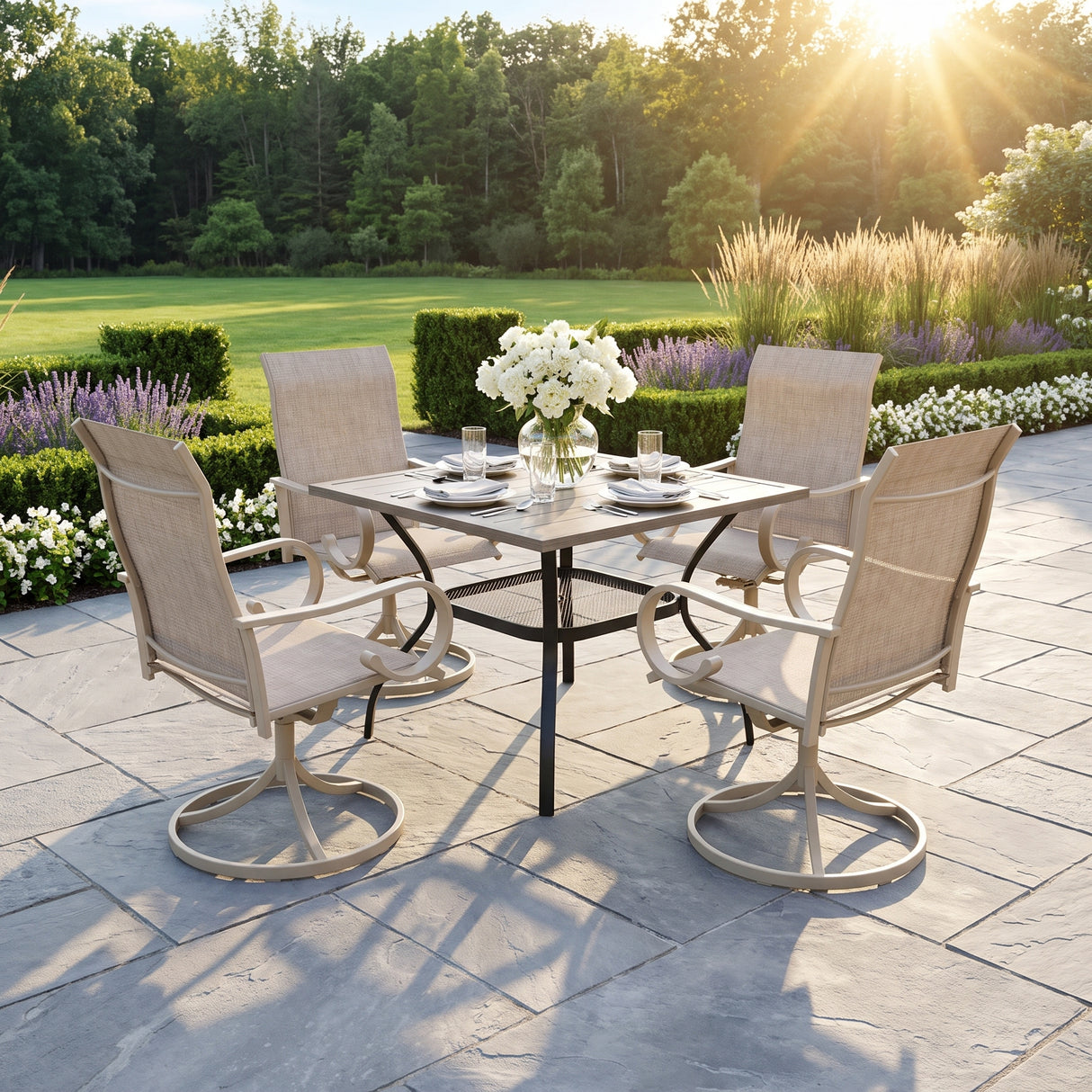 VICLLAX 5-Piece Modern Patio Dining Set, Square Table with Umbrella Hole and High-back Swivel Rocking Sling Chairs