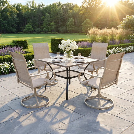 VICLLAX 5-Piece Modern Patio Dining Set, Square Table with Umbrella Hole and High-back Swivel Rocking Sling Chairs