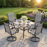 VICLLAX 5-Piece Modern Patio Dining Set, Square Table with Umbrella Hole and High-back Swivel Rocking Sling Chairs