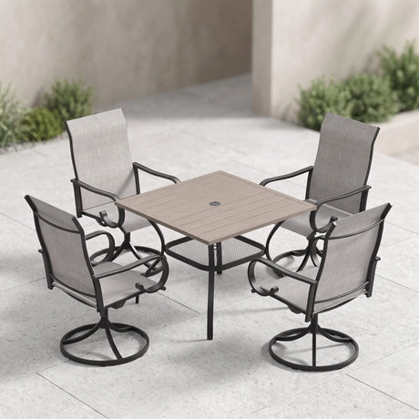 VICLLAX 5-Piece Modern Patio Dining Set, Square Table with Umbrella Hole and High-back Swivel Rocking Sling Chairs