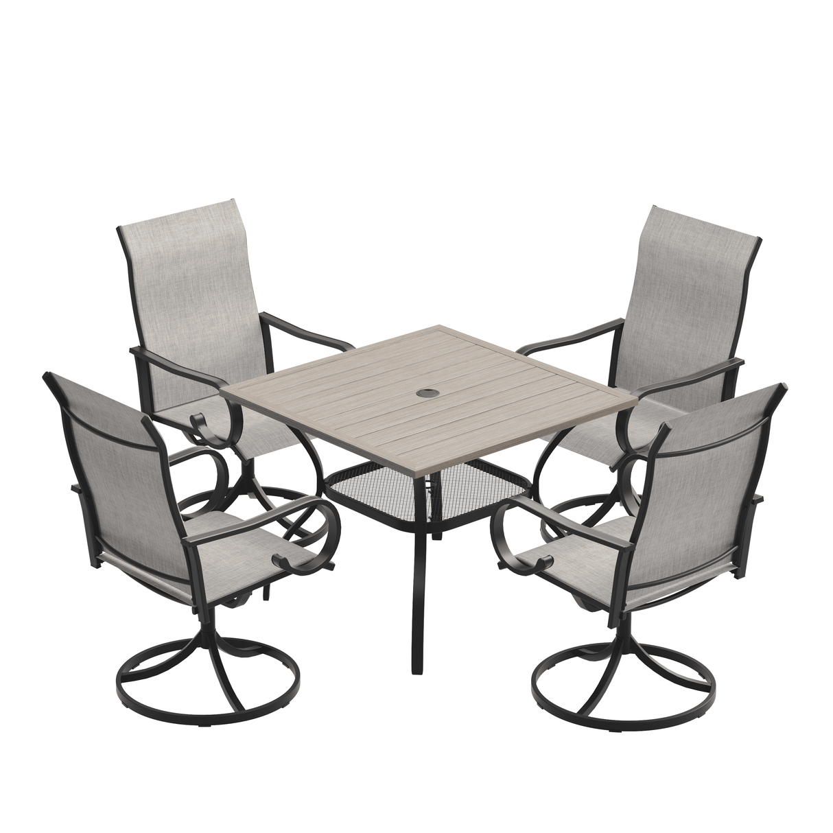 VICLLAX 5-Piece Modern Patio Dining Set, Square Table with Umbrella Hole and High-back Swivel Rocking Sling Chairs
