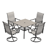 VICLLAX 5-Piece Modern Patio Dining Set, Square Table with Umbrella Hole and High-back Swivel Rocking Sling Chairs