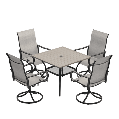 VICLLAX 5-Piece Modern Patio Dining Set, Square Table with Umbrella Hole and High-back Swivel Rocking Sling Chairs