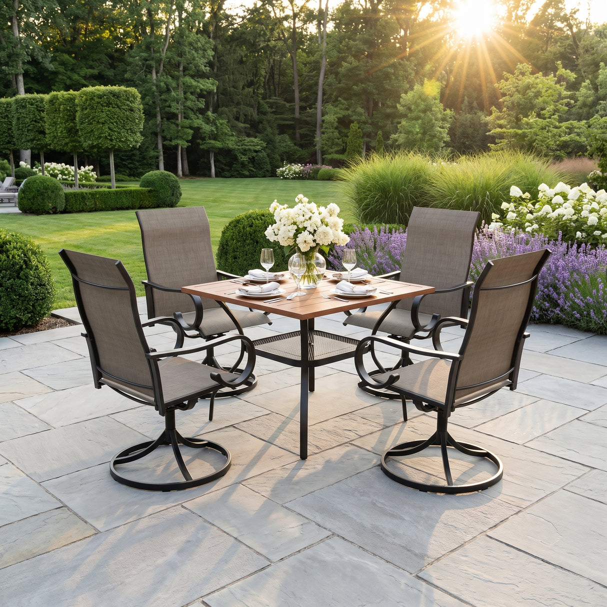 VICLLAX 5-Piece Modern Patio Dining Set, Square Table with Umbrella Hole and High-back Swivel Rocking Sling Chairs