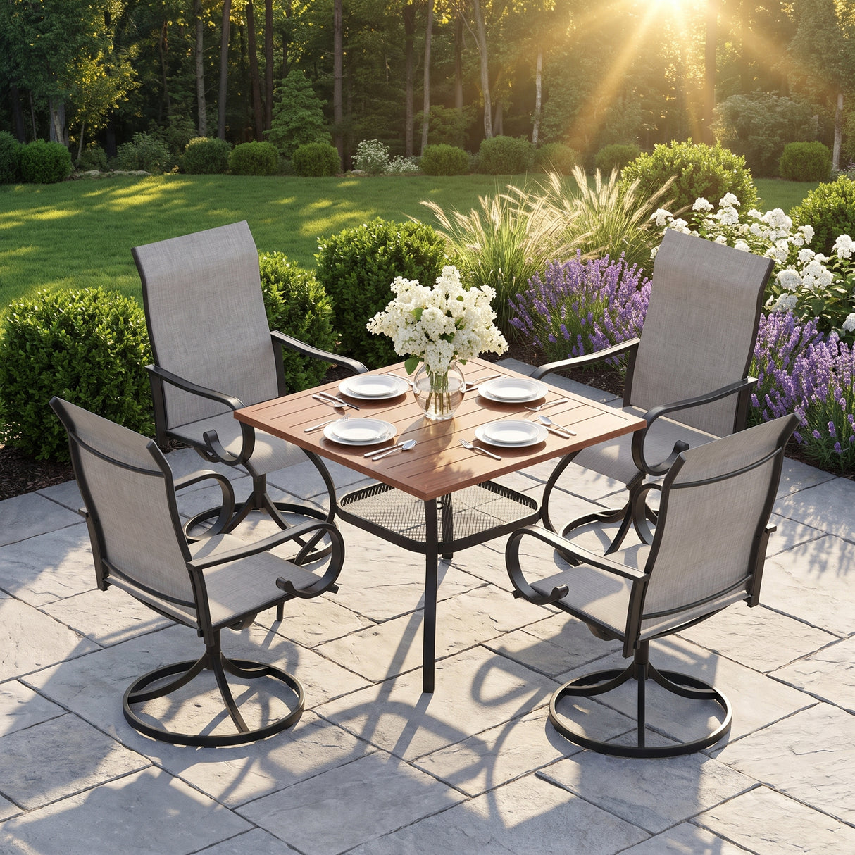VICLLAX 5-Piece Modern Patio Dining Set, Square Table with Umbrella Hole and High-back Swivel Rocking Sling Chairs