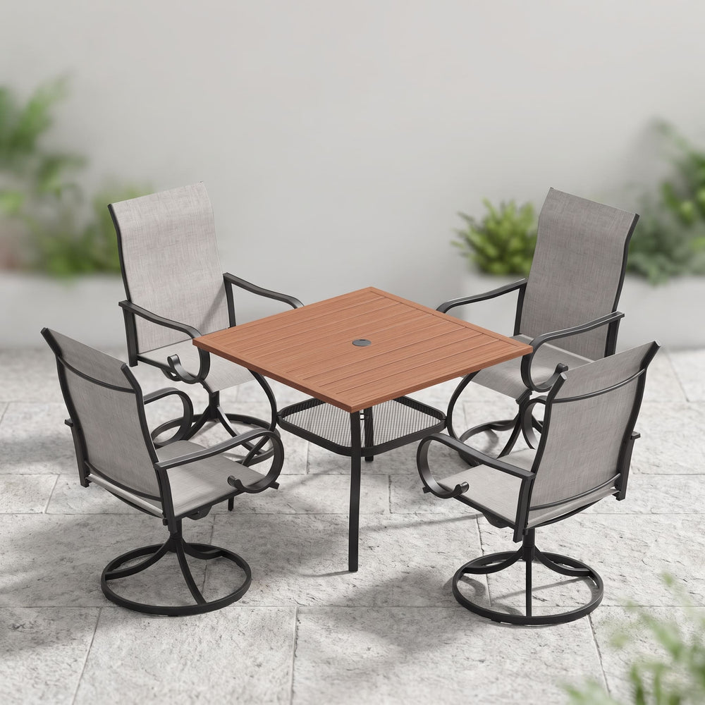 VICLLAX 5-Piece Modern Patio Dining Set, Square Table with Umbrella Hole and High-back Swivel Rocking Sling Chairs