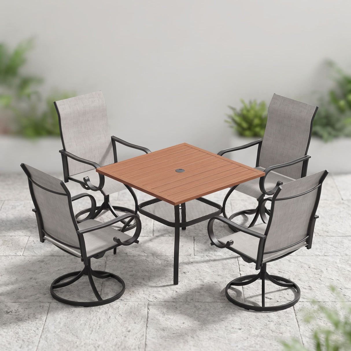VICLLAX 5-Piece Modern Patio Dining Set, Square Table with Umbrella Hole and High-back Swivel Rocking Sling Chairs