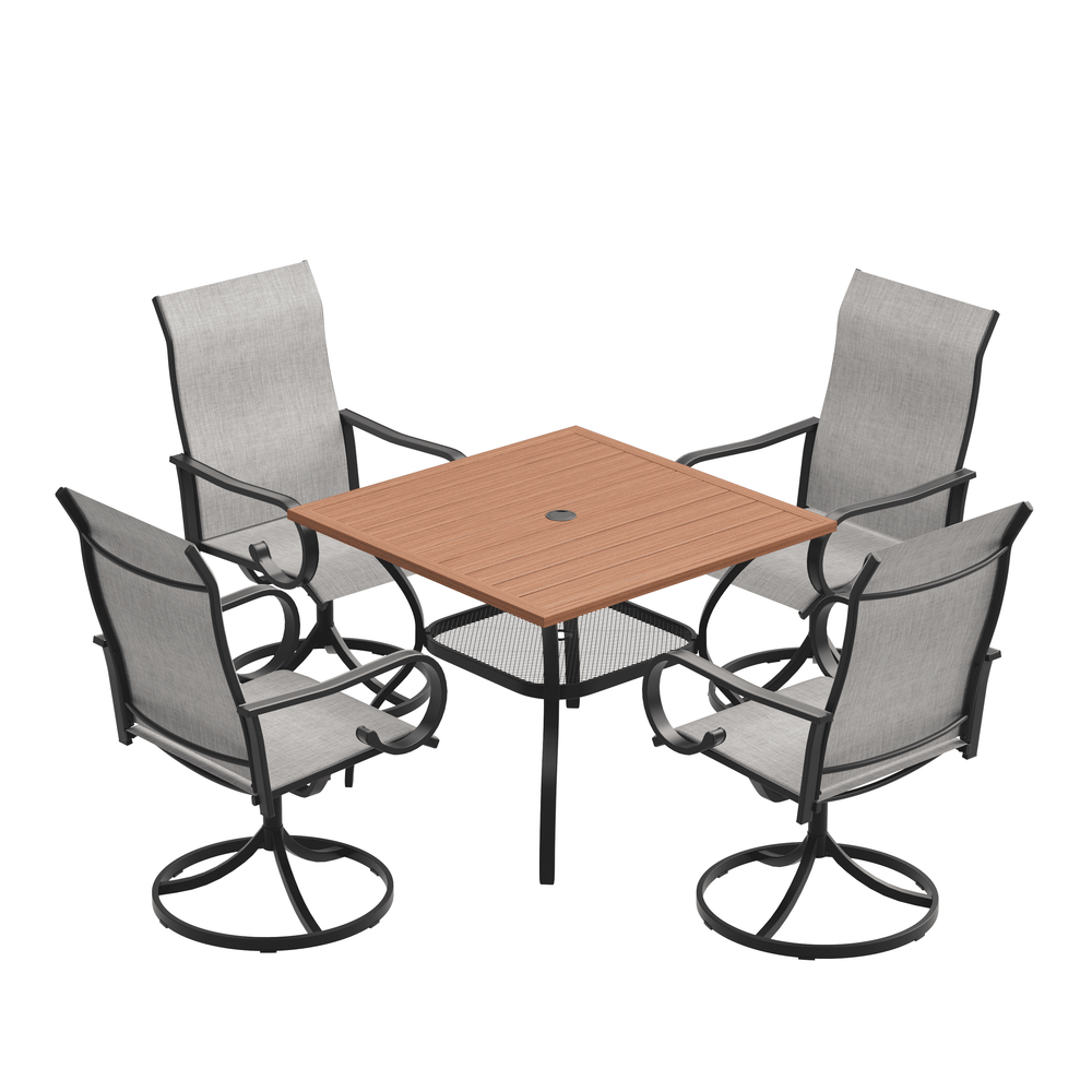 VICLLAX 5-Piece Modern Patio Dining Set, Square Table with Umbrella Hole and High-back Swivel Rocking Sling Chairs
